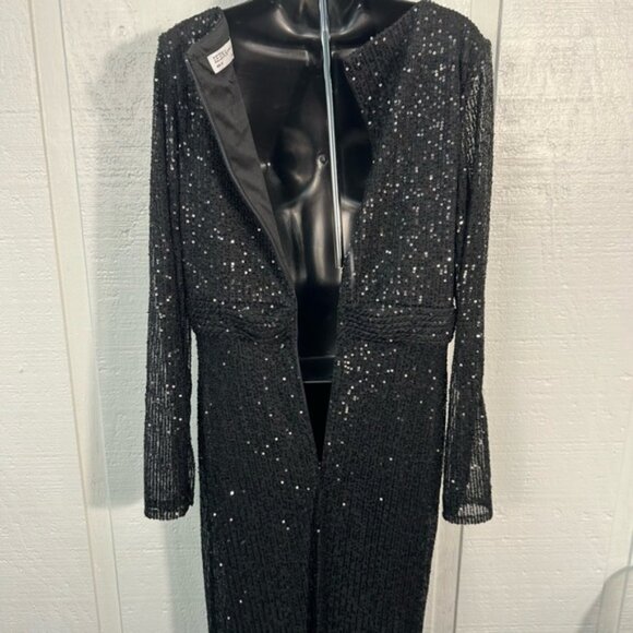 Ieena For Mac Duggal Black Sequin Faux Wrap Gown Size 10 NWT - Picture 7 of 13